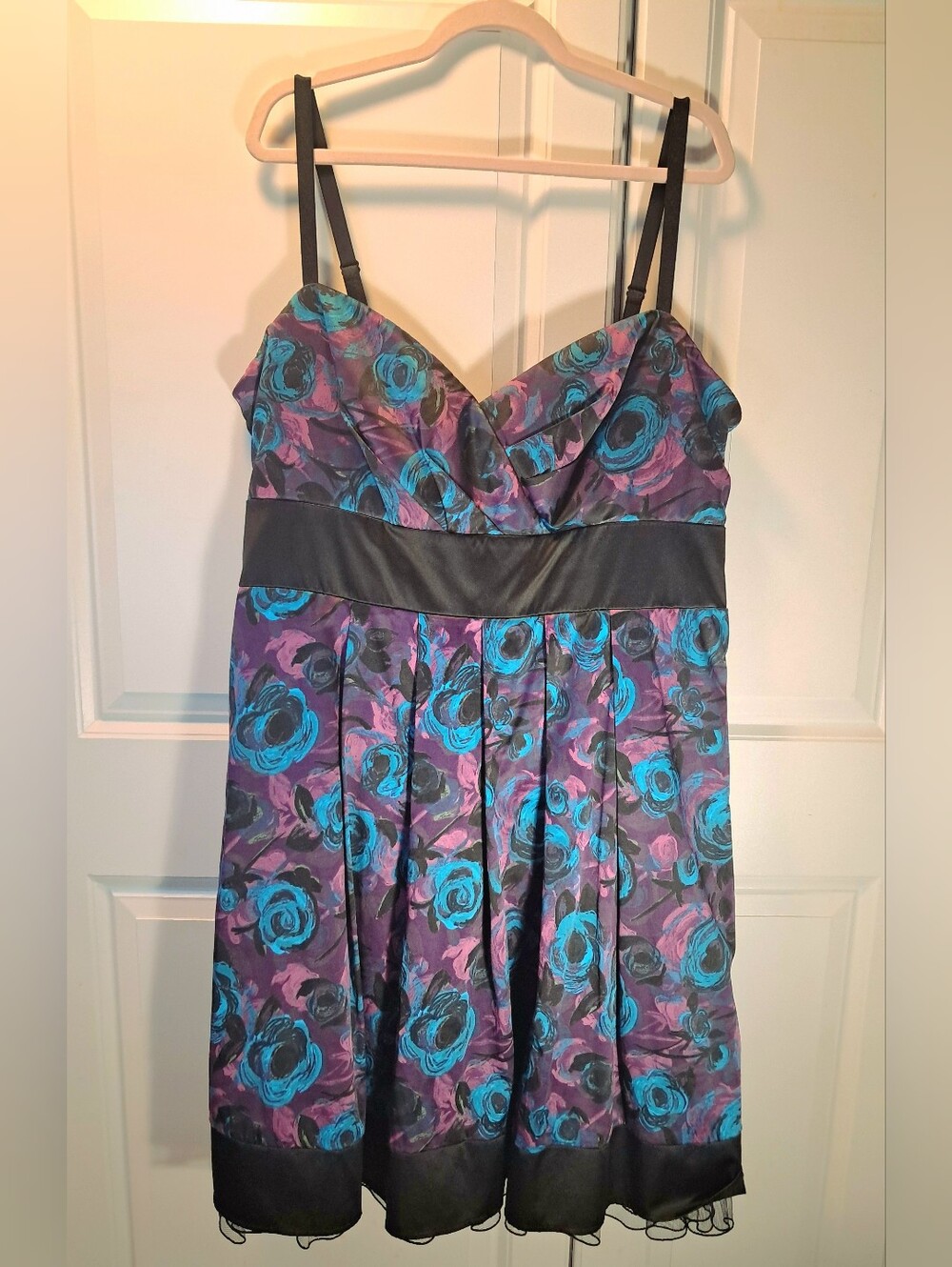 Torrid Vintage Floral Purple & Teal Satin Dress with Tulle Under Skirt A-Line